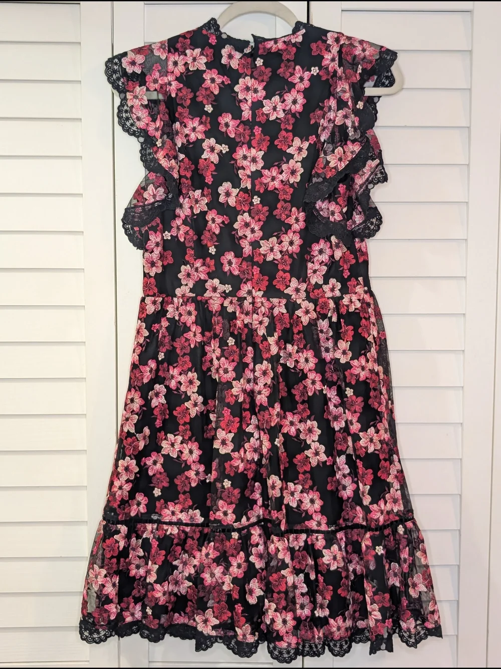 Kate Spade Black and Pink Floral Embroidered Tulle Flutter Sleeve Mini Dress